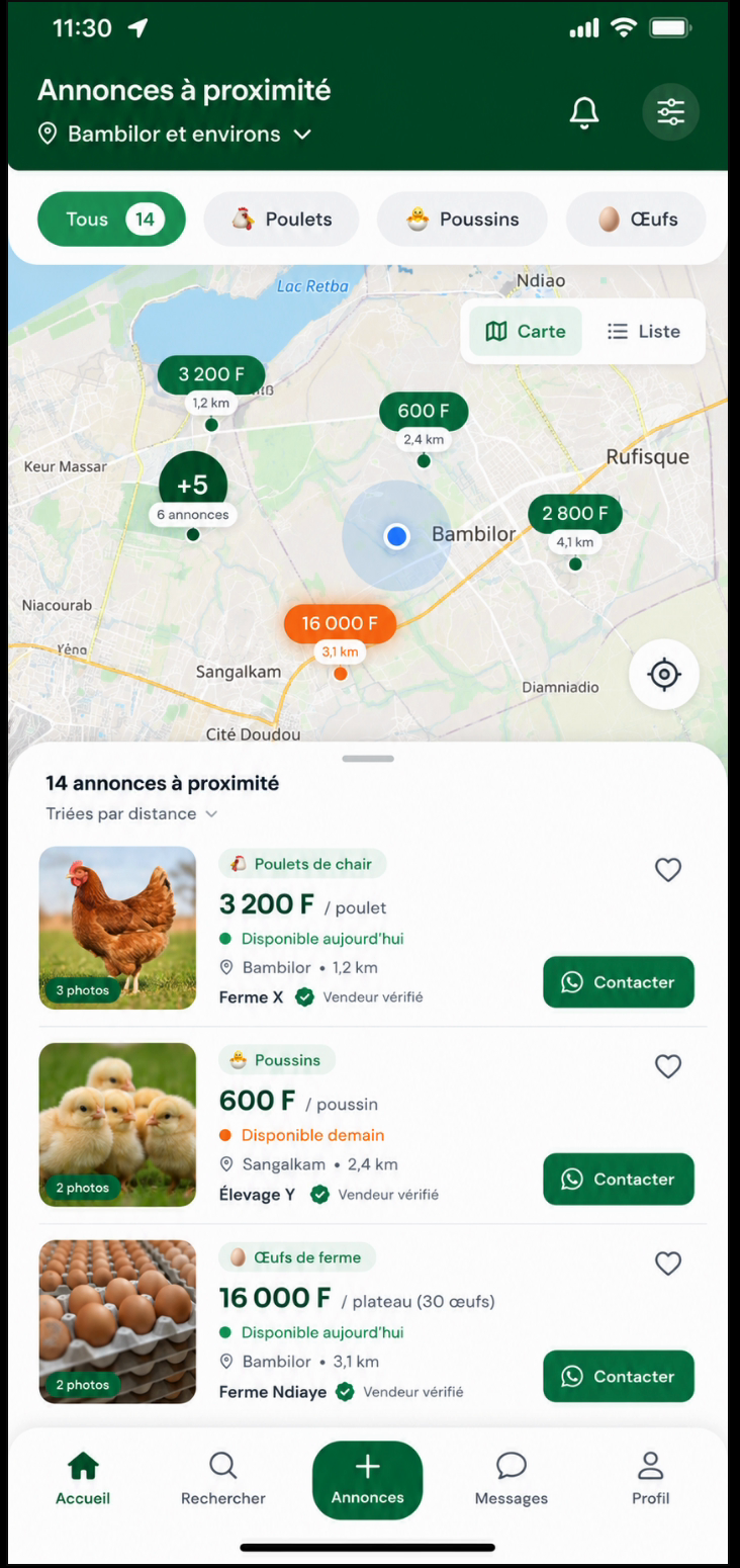 Aperçu de l'application Baay Ginaar : carte des annonces à proximité avec la position de l'utilisateur et les vendeurs alentour