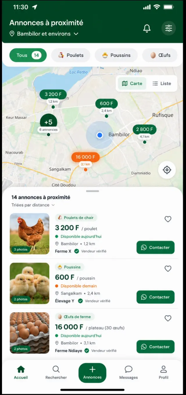 Aperçu de l'application Baay Ginaar : carte des annonces à proximité avec la position de l'utilisateur et les vendeurs alentour